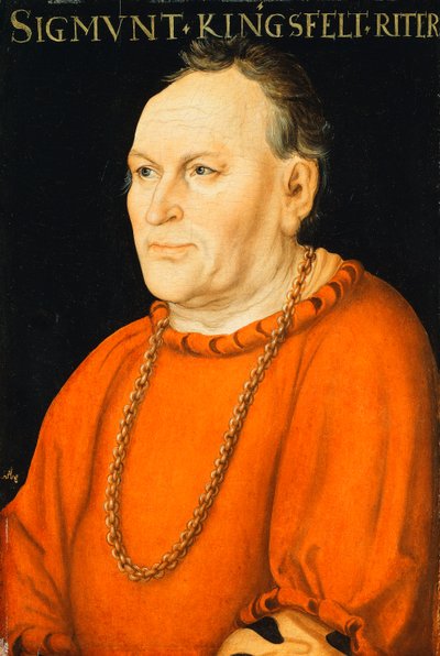 赤い衣装を着たシグムントキングスフェルトのハーフレングスの肖像画 作： Lucas Cranach