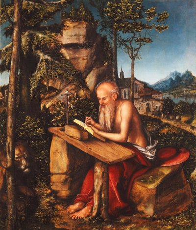 岩の多い風景の中の聖ジェロームの執筆、1515年 作： Lucas Cranach