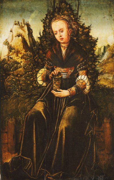 セントメアリーマグダレンは山岳風景の草原の縁に座って、 作： Lucas Cranach