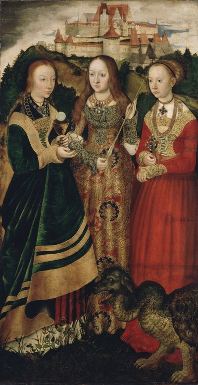 聖キャサリンの殉教、右翼の祭壇画：聖バーバラ、ウルスラ、マーガレット 作： Lucas Cranach the Elder
