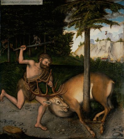 ヘラクレスはヘラクレスの労働者からのセリエヌスのハインドを捕らえます 作： Lucas Cranach the Elder