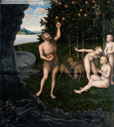 ヘラクレスのヘスペリーズからヘスペリデスからリンゴを盗む 作： Lucas Cranach the Elder