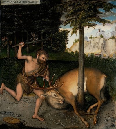 ヘラクレスとKerynite doe。ヘラクレスの行為のシリーズから。 1537年以降 作： Lucas Cranach the Elder