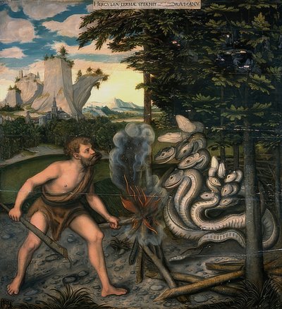 ヘラクレスと学びのヘビ。ヘラクレスの行為のシリーズから。 1537年以降 作： Lucas Cranach the Elder