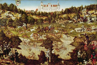 1544年、トルガウのハーテンフェルス城近くのチャールズ5世皇帝を称えた狩猟（498131、72409、498129も参照） 作： Lucas Cranach the Elder