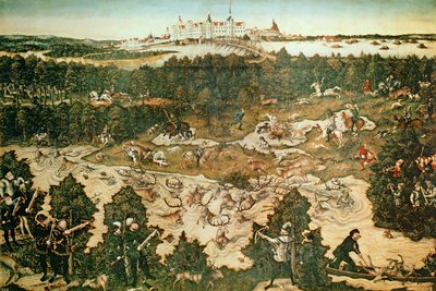 1544年、トルガウのハーテンフェルス城近くのチャールズ5世皇帝を称えた狩猟（38682、72409、498129も参照） 作： Lucas Cranach the Elder