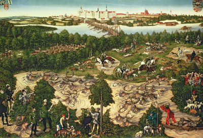 1544年、トルガウのハーテンフェルス城近くのチャールズ5世皇帝を称える狩猟（498131、38682、498129も参照） 作： Lucas Cranach the Elder