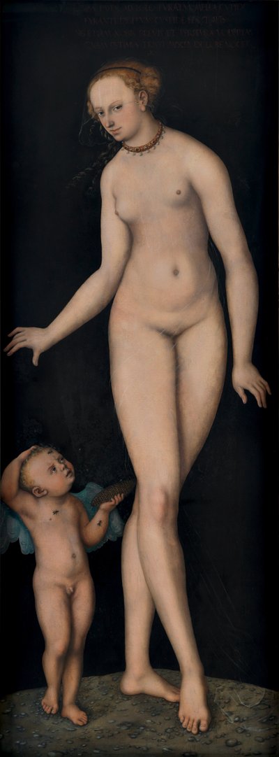 黒い背景に対して蜂蜜泥棒としてキューピッドと金星 作： Lucas Cranach the Elder