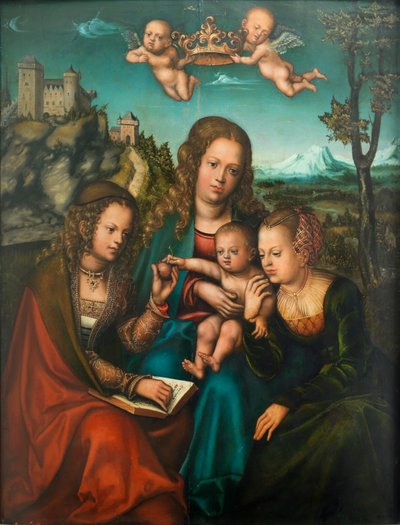 ドイツ語：法と恩寵の2人の女性聖人の間の聖母 作： Lucas Cranach the Elder and workshop