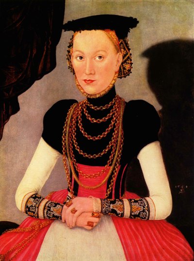 ドイツ語：Weibliches Bildnis / Bildnis einer Frau (eine geborene Hoffmann aus Leipzig) 女性の肖像／女性の肖像（ライプツィヒ生まれのホフマン？） 作： Lucas Cranach the Younger