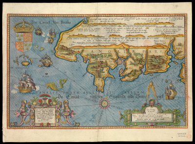 船と怪物で飾られた海が描かれたイングランド沿岸の海図」。 作： Lucas Janszoon Waghenaer