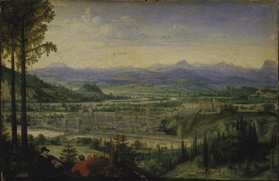 前景に芸術家の絵が描かれたリンツの眺め、1593年。 作： Lucas Valckenborch van