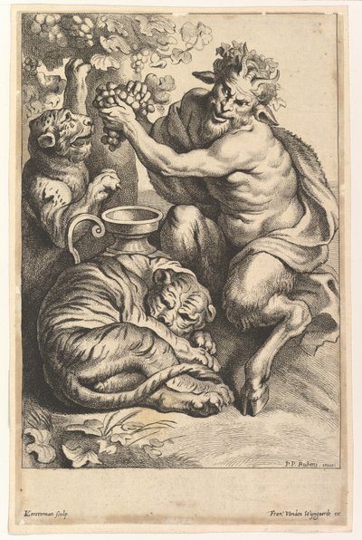葡萄を持ったサテュロスと二匹の虎、1614-1679年 作： Lucas Vorsterman II