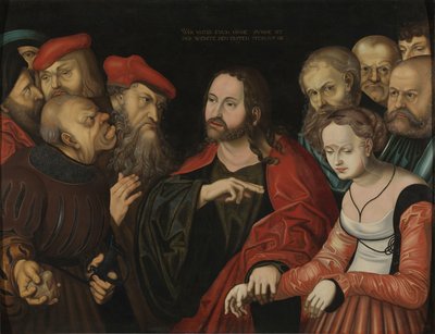 キリストと姦淫に巻き込まれた女性、1700年頃（木に油彩） 作： Lucas the Elder (after) Cranach