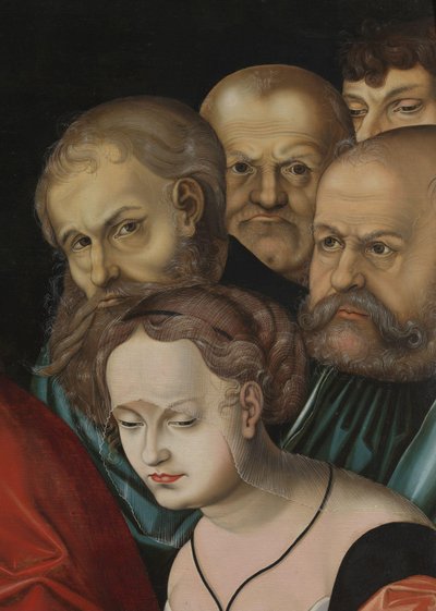 キリストと姦淫に巻き込まれた女性、詳細、1700年頃（木に油彩） 作： Lucas the Elder (after) Cranach