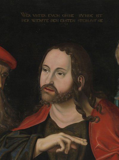 キリストと姦淫に巻き込まれた女性、詳細、1700年頃（木に油彩） 作： Lucas the Elder (after) Cranach