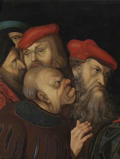 キリストと姦通に連れて行かれた女性、詳細、1700年頃（木に油彩） 作： Lucas the Elder (after) Cranach