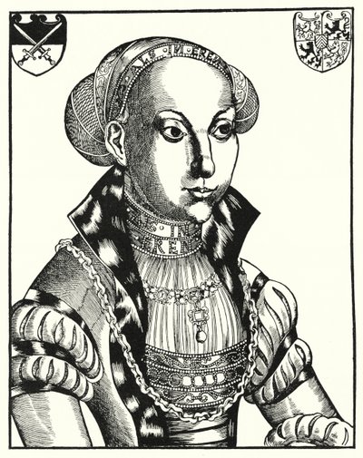 ザクセン選帝侯ジョン・フレデリック1世の妃、クレヴェス家のシビル（版画 作： Lucas the Elder (after) Cranach