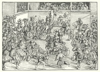 サムソンとライオンのタペストリーがある大会（彫刻 作： Lucas the Elder (after) Cranach