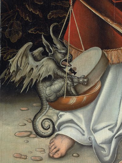 正義の鱗を持った大天使ミカエル（詳細）（パネルに油彩） 作： Lucas the Elder (workshop of) Cranach
