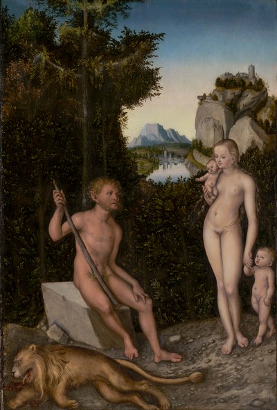 殺されたライオンとの牧神と彼の家族、c.1526（パネルに油彩） 作： Lucas the Elder Cranach