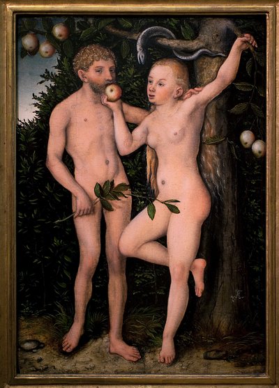 アダムとイヴルーカス・クラナッハ（1472-1553）による絵画、1538年頃。フランドル美術 16世紀チェコ共和国、プラハのシュテルンベルグ宮殿、ナショナル・ギャラリー。 作： Lucas the Elder Cranach