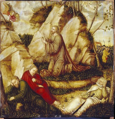 オリーブの園での苦悩 (園での苦悩)。 長老のルーカス・クラナッハ (1472-1553) による絵画、木に油彩。 ドイツの芸術 作： Lucas the Elder Cranach