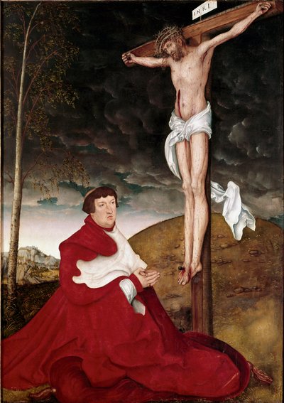 アルベルト・フォン・ブランデンブルク枢機卿、十字架を抱く ルーカス・クラナッハ長老（1472-1553）の絵 作： Lucas the Elder Cranach