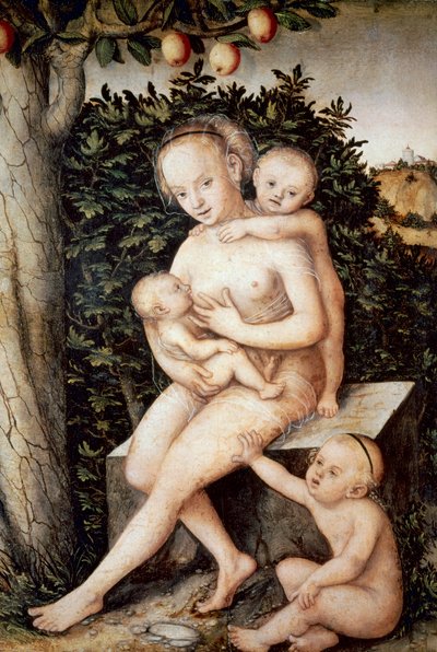 シャリテ。ルーカス・クラナッハ長老（1472-1553）の絵画。木に油彩、1537年頃、ルネッサンス様式。アントワープ王立美術館（ベルギー）。 作： Lucas the Elder Cranach