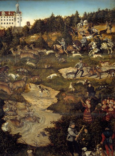 トルガウ城（ドイツ）でのシャルル5世を讃えるハンティング。詳細ルーカス・クラナッハ（1472-1553）による絵画 作： Lucas the Elder Cranach