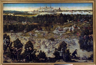 ドイツ・トルガウ城でのシャルル5世のための狩猟 ルーカス・クラナッハ（1472-1553）による絵画 1544年。マドリードプラド美術館 - ドイツのトルガウ城でのシャルル5世を讃える狩り。ルーカス・クラナッハ（1472-1553）による絵画、1544年。P 作： Lucas the Elder Cranach