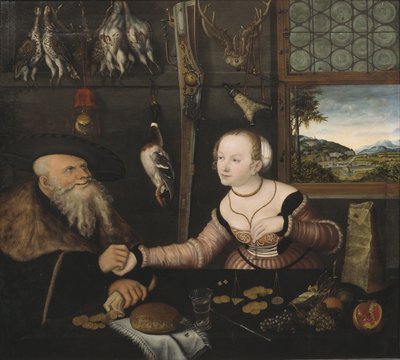 Le couple mal assorti - The Ill-matched Couple, by Cranach, Lucas, the Elder (1472-1553).木に油彩 作： Lucas the Elder Cranach