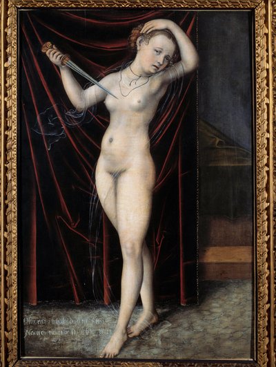 自殺するルクレイス 紀元前6世紀のローマの女性、ルクレイスの自殺。ルーカス・クラナッハ（1472-1553）による絵画 16世紀。ブザンソン、美術博物館 作： Lucas the Elder Cranach