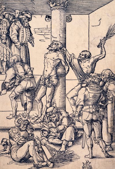 ルーカス・クラナッハ（1472-1553）による木版画「キリストの受難：鞭打ち」。 作： Lucas the Elder Cranach
