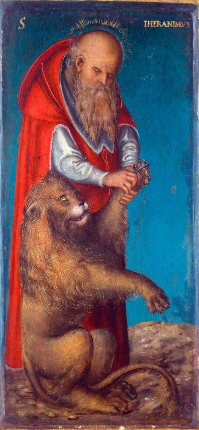 "Saint Jerome" 古代のルーカス・クラナッハ（1472-1553）の絵画 - 1515 - 木に油彩 Dim 24,5x11,5 cm Art History Museum, Vienne 作： Lucas the Elder Cranach