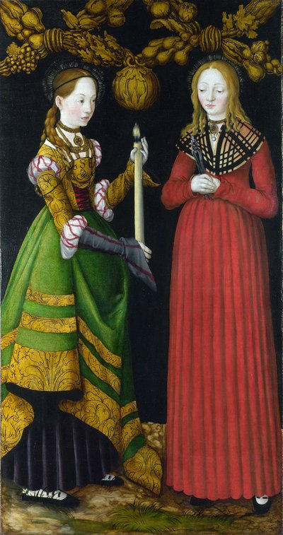 Saint Genevieve and Saint Apolline (または Apollonia) (Saints Genevieve and Apollonia)。 聖ジュヌヴィエーヴ (423-502 または 512)、パリ市の守護聖人。 アレクサンドリアの聖アポロニア (またはアポロニア) (249 で死亡)、殉教者、歯科医のパトロン。 の絵 作： Lucas the Elder Cranach