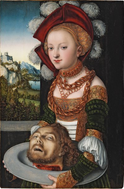 Salome avec la tete de Saint Jean Baptiste - 洗礼者聖ヨハネの頭を持つサロメ』クラナッハ、ルーカス、長老（1472-1553）作。木に油彩、1527-1530年頃。寸法：88.4x58.3 cm。ブダペスト、セプムヴェシェティ美術館（Szepmuveszeti Muzeum 作： Lucas the Elder Cranach