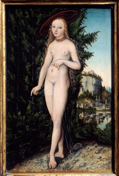 風景の中に立つヴィーナス ルーカス・クラナッハ（1472-1553）の絵画 1529年 木に油彩 寸胴0.38x0.25 m - 風景の中に立つヴィーナス。ルーカス・クラナッハ（1472-1553）の絵画 作： Lucas the Elder Cranach