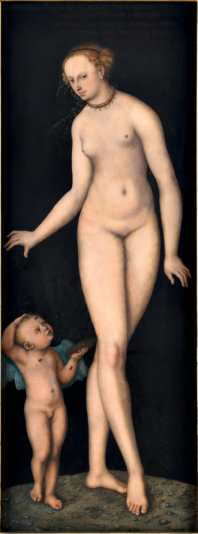 クラーナハ、ルーカス、ザ・エルダー（1472-1553）の「蜂蜜泥棒のキューピッドを持つヴィーナス」。木に油彩、1537年以降。寸法：175,4x66,3 cm。ドイツ国立博物館、ニュルンベルク 作： Lucas the Elder Cranach