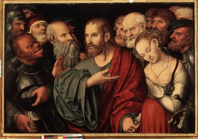 1532年以降のキリストと姦淫に連れて行かれた女性（木に油彩） 作： Lucas the Younger Cranach