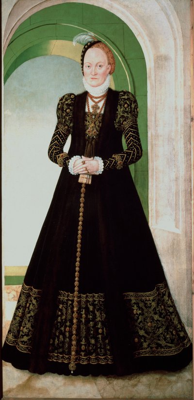 アンネ・オブ・デンマーク（1532-1585）の肖像 ザクセン選帝侯アウグストの妻（1526-1586） ルーカス・クラナッハの絵画（1515-1586） 1565年 日。215x104 cm ウィーン美術史博物館 作： Lucas the Younger Cranach