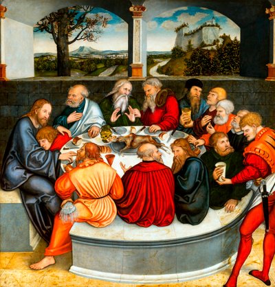 最後の晩餐」（使徒の中にルターがいる）。宗教改革の祭壇画 パル・クラナッハ、ルーカス、ザ・ヤング（1515-1586）の作品 作： Lucas the Younger Cranach