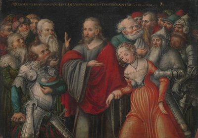 キリストと姦淫、c.1545-50（ブナの油） 作： Lucas the Younger studio of Cranach