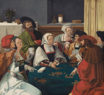 カードプレーヤー、おそらくc.1550-99（キャンバスに油彩） 作： Lucas van (after) Leyden
