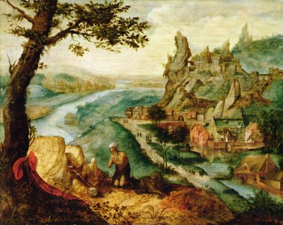 風景の中の聖ヒエロニムス（木に油彩） 作： Lucas van (c.1490 c.1570) Gassel