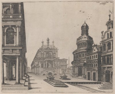 列柱と円形の建物のある宮殿の一角 作： Lucas van Doetechum and Johannes