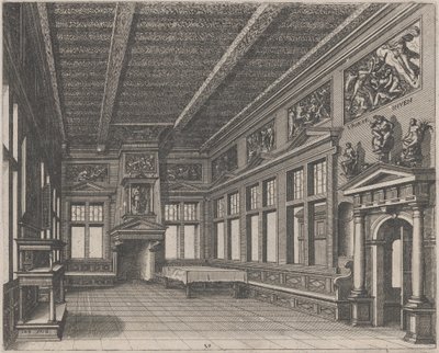 ビュッフェ、煙突、宗教画のあるインテリア 作： Lucas van Doetechum and Johannes