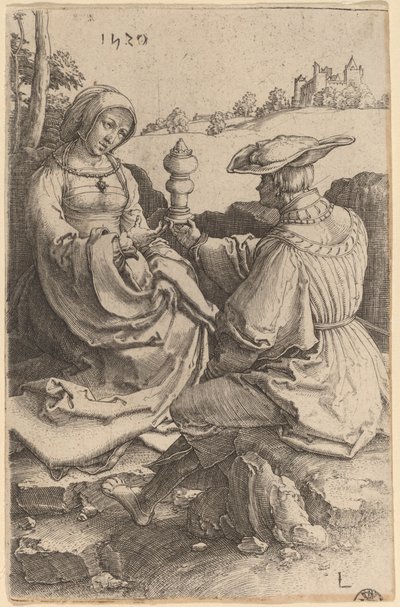 風景の中に座る貴婦人と貴婦人 作： Lucas van Leyden