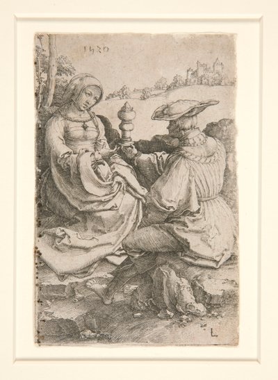 風景の中に座る貴婦人と貴婦人 作： Lucas van Leyden