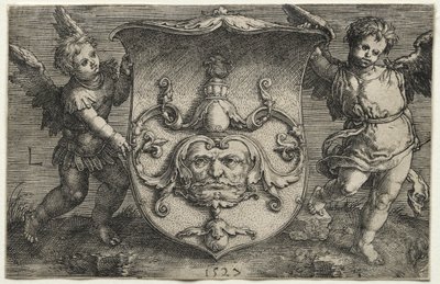 二人の精霊に支えられた仮面の盾 作： Lucas van Leyden
